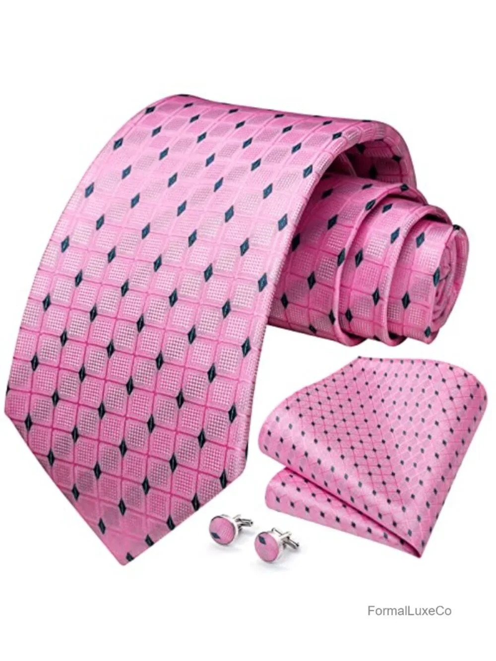 Men's Tie Set with Pocket Square and Cufflinks - Formal Silk Blend Necktie for